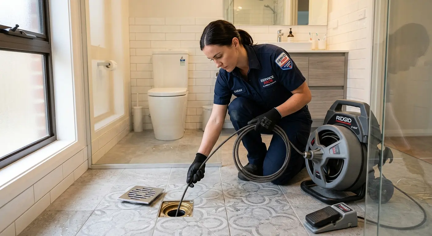 Technician clearing a bathroom floor drain for Hydro Jetting in Mount Kisco